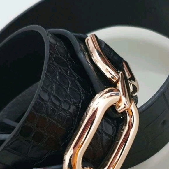 Womens Black Vegan leather elegant corset chunky Gold link boho wide waist belt - Picture 11 of 14